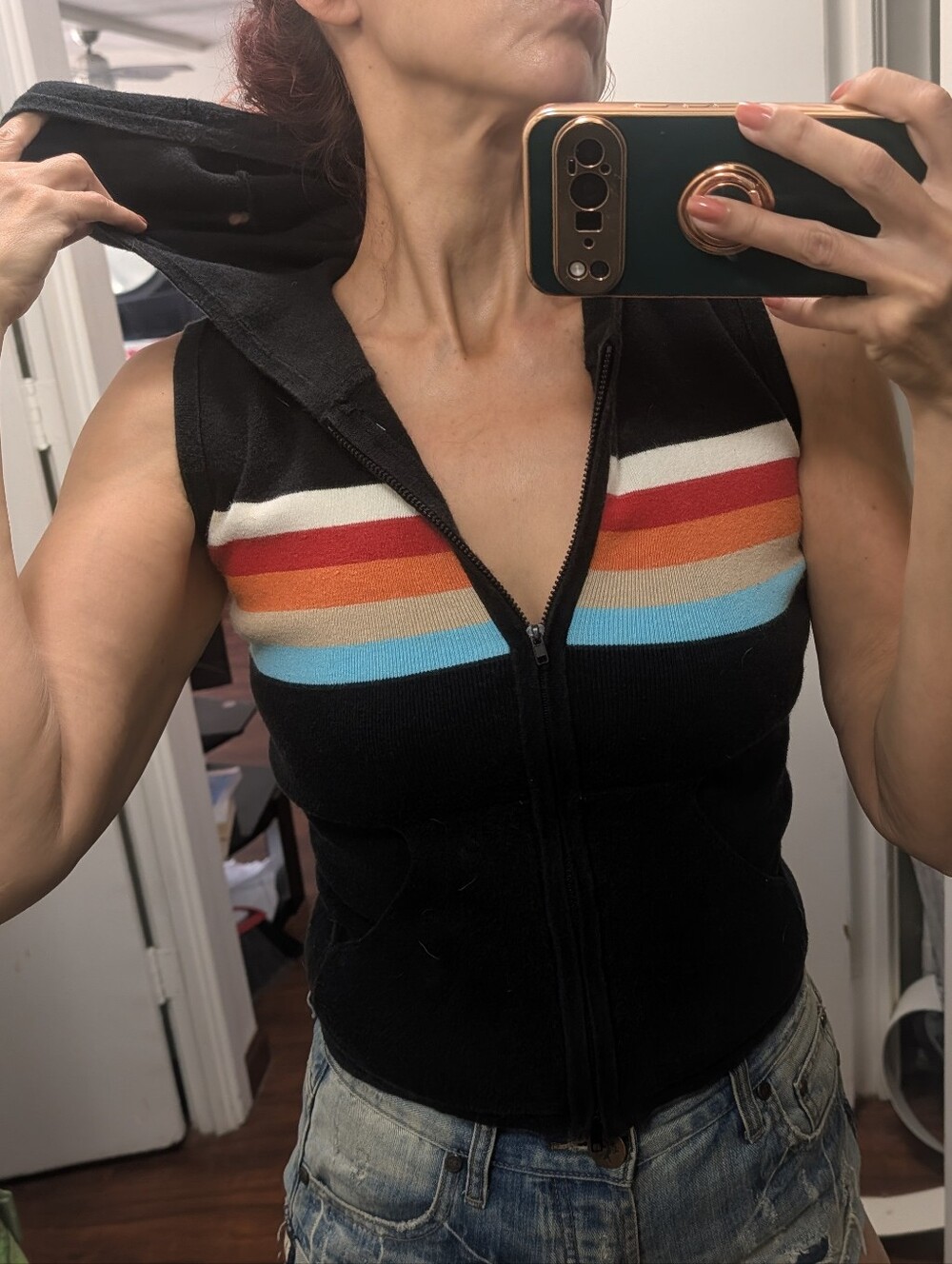 Say What? Vtg 5 Stripe Vest Layering Piece Black Rainbow Hoodie L